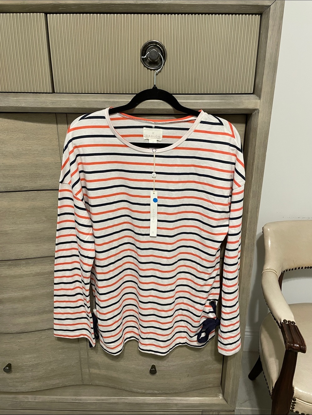 Caslon White Long-Sleeve Crewneck Top with Navy and Coral Stripes